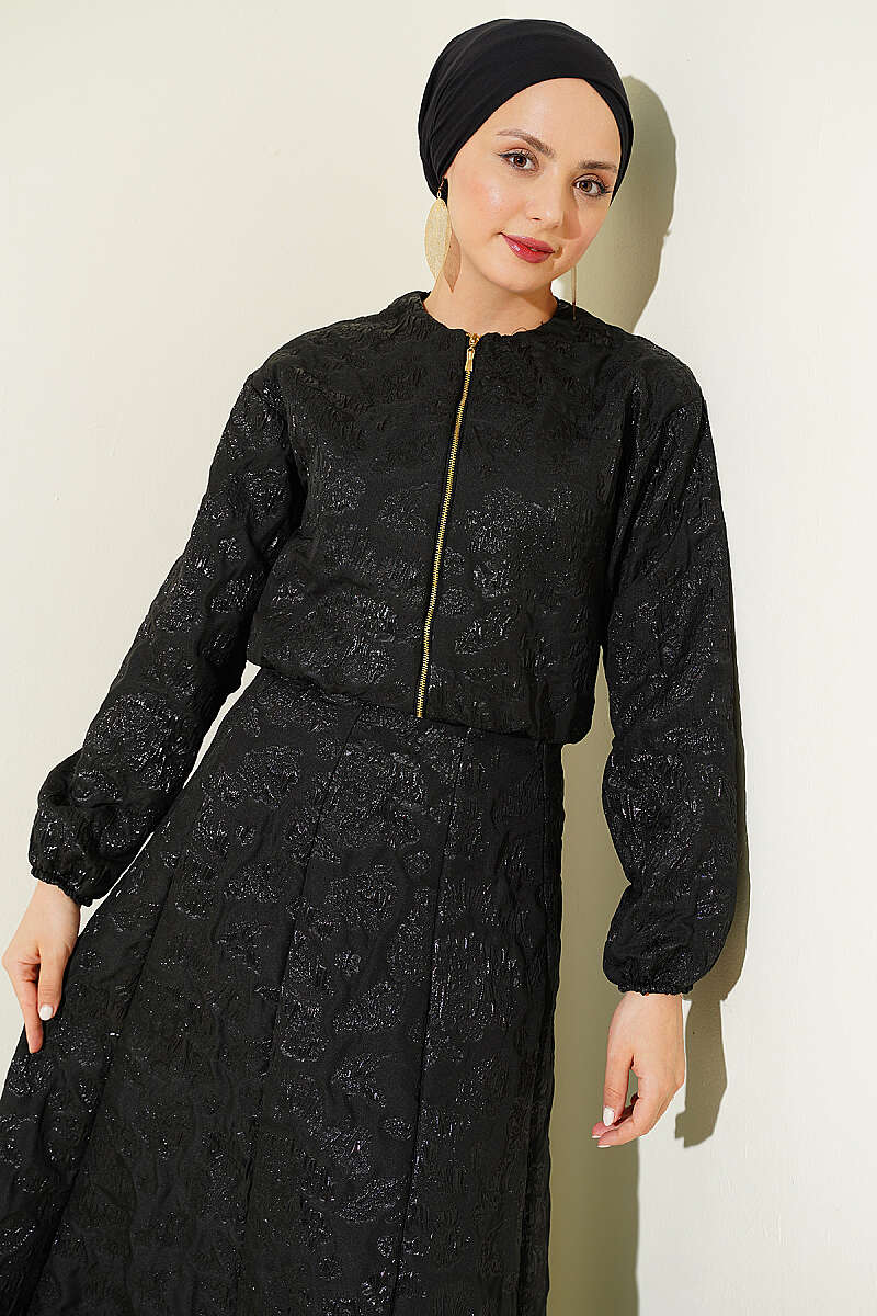 Patterned Jacquard Skirt Set with Zip - Black