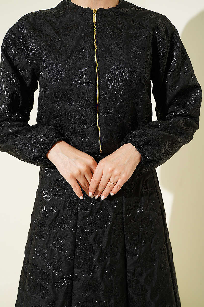 Patterned Jacquard Skirt Set with Zip - Black