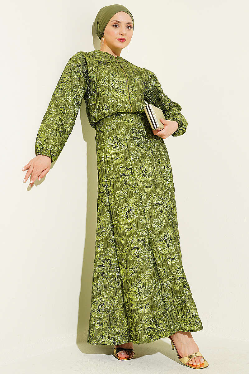 Patterned Jacquard Skirt Set with Zip - Olive