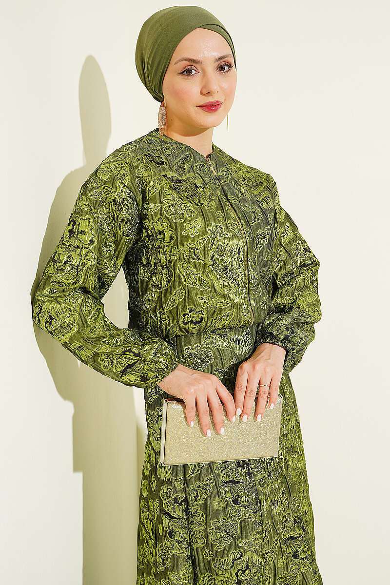 Patterned Jacquard Skirt Set with Zip - Olive