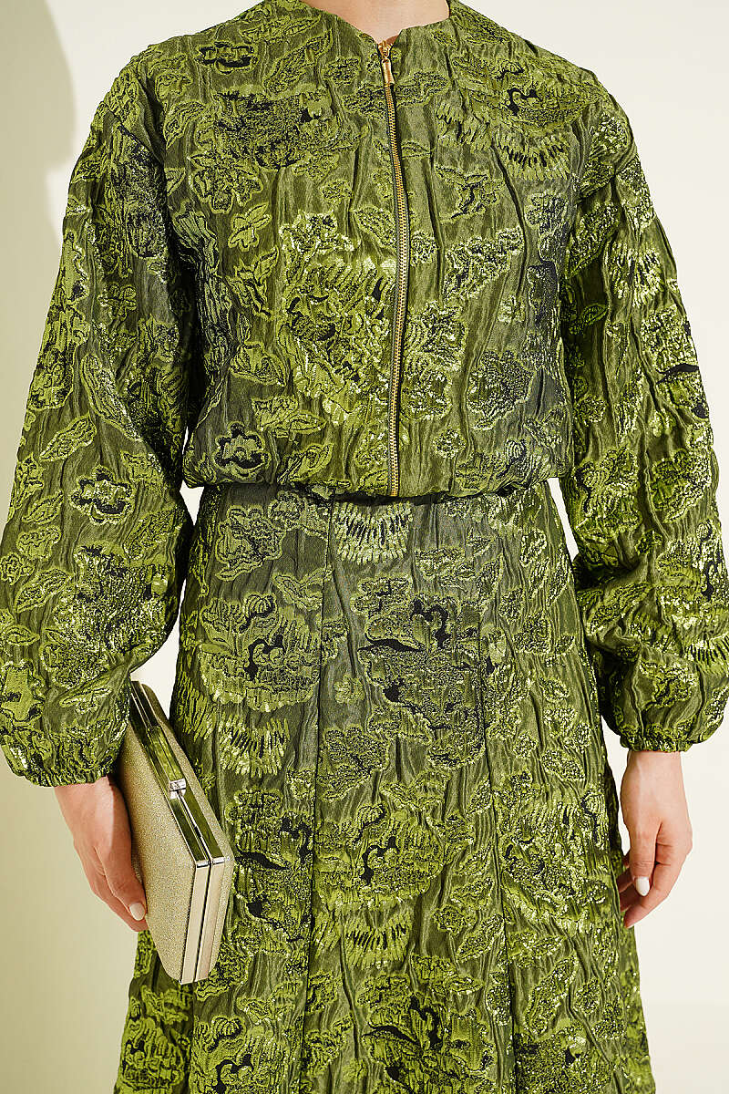 Patterned Jacquard Skirt Set with Zip - Olive