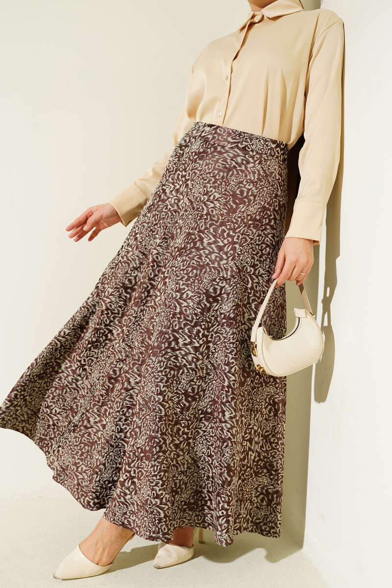 Printed Satin Zip Skirt - Brown