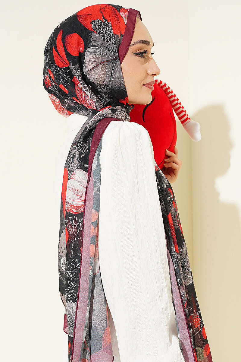 Patterned French Silk Shawl - Burgundy