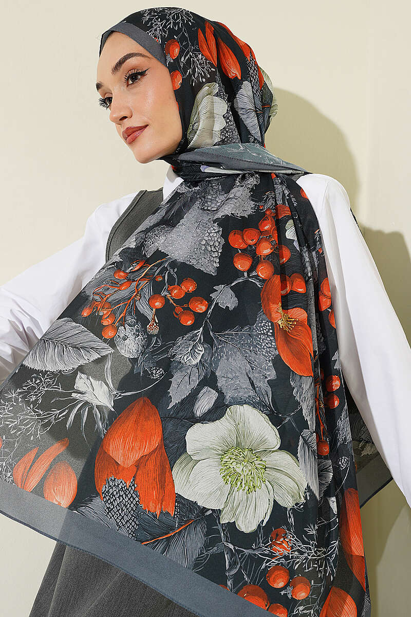 Patterned French Silk Shawl - Smoke Grey