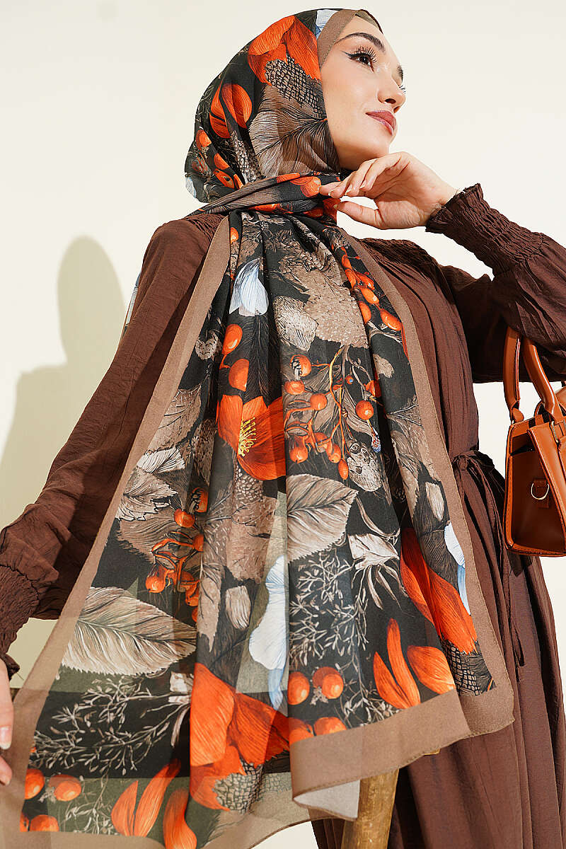 Patterned French Silk Shawl - Khaki