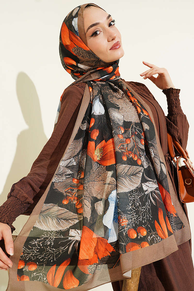 Patterned French Silk Shawl - Khaki