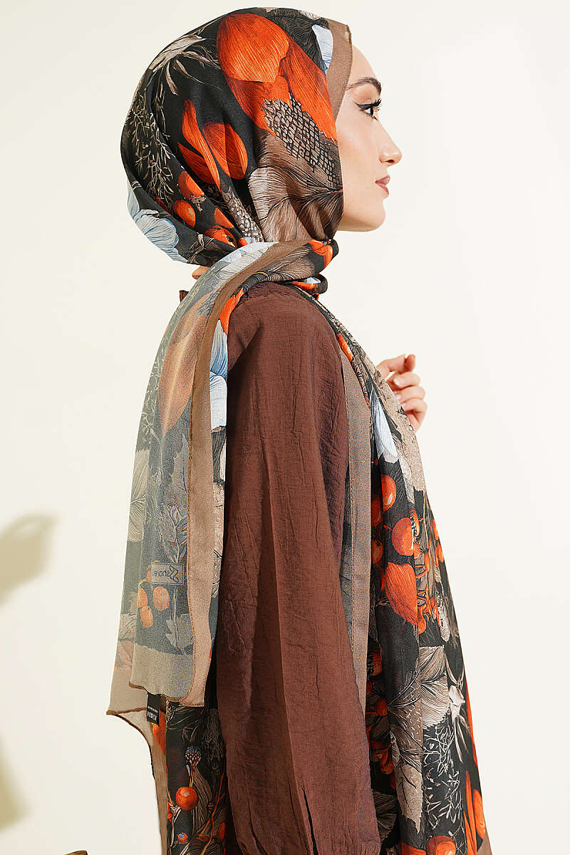 Patterned French Silk Shawl - Khaki