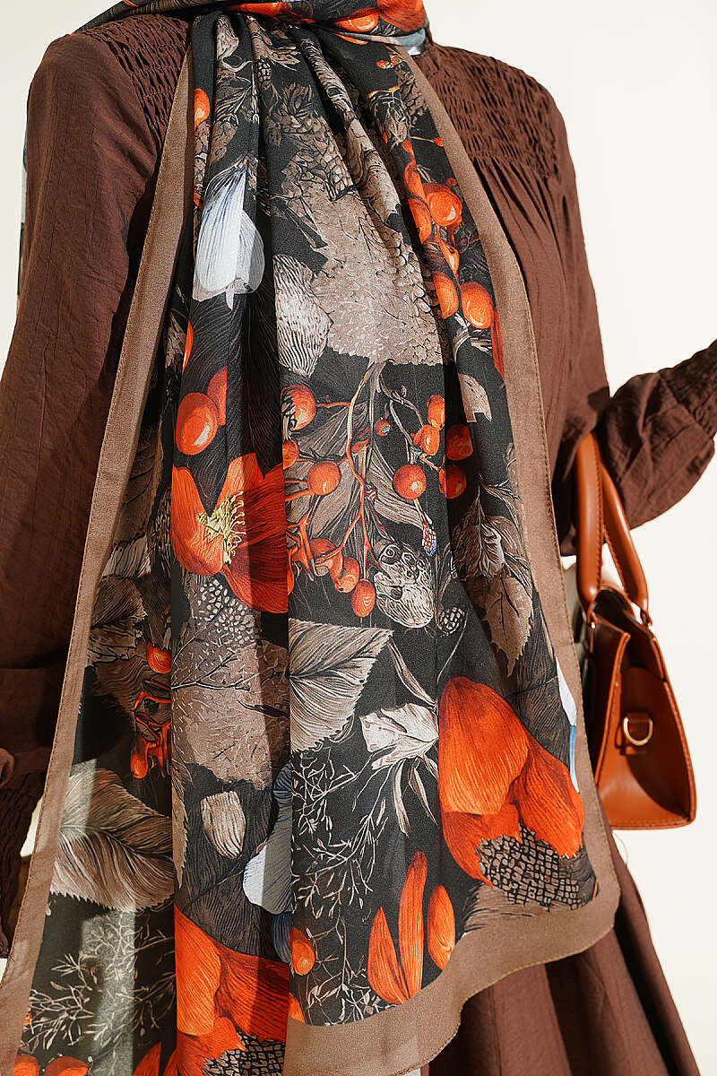 Patterned French Silk Shawl - Khaki