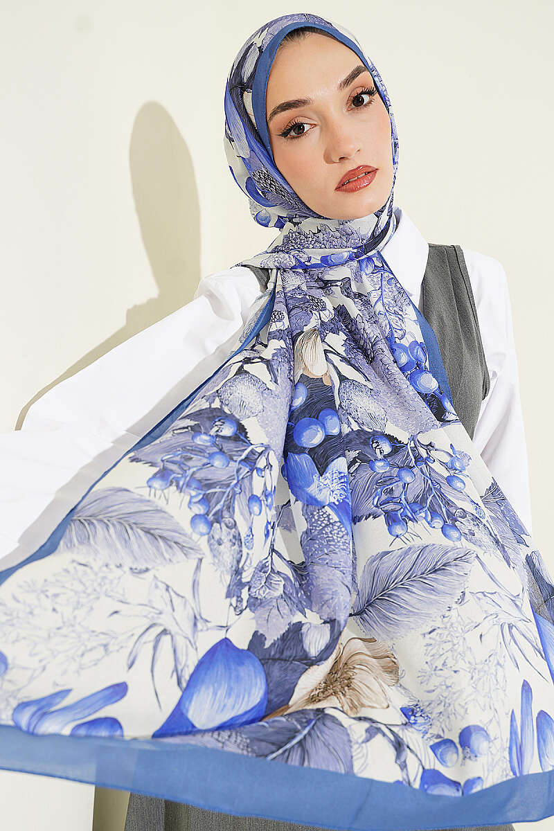 Patterned French Silk Shawl - Indigo