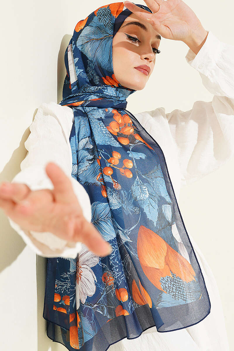 Patterned French Silk Shawl - Navy