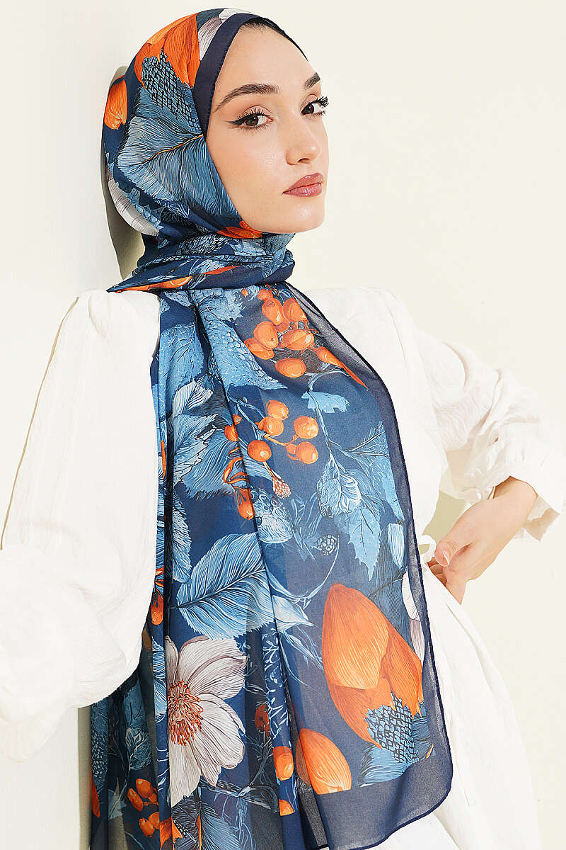 Patterned French Silk Shawl - Navy