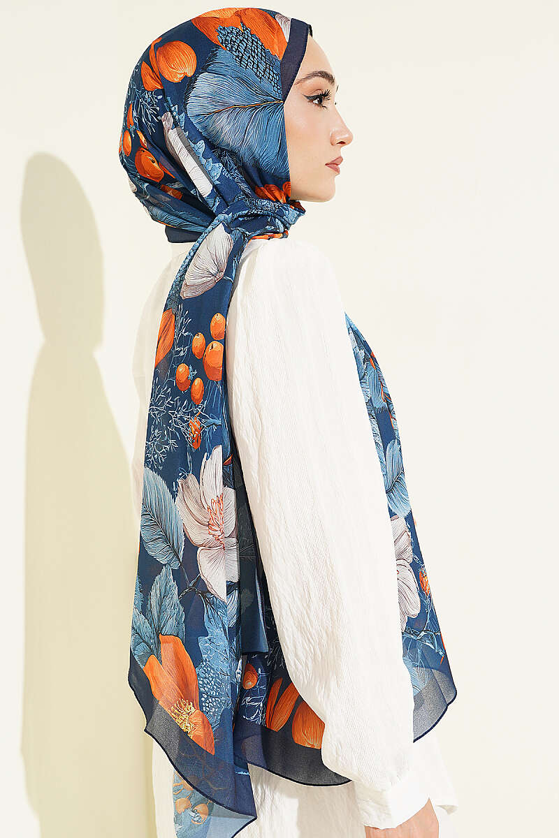 Patterned French Silk Shawl - Navy