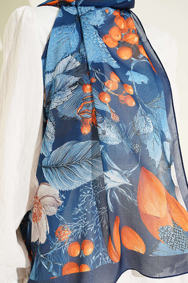 Patterned French Silk Shawl - Navy