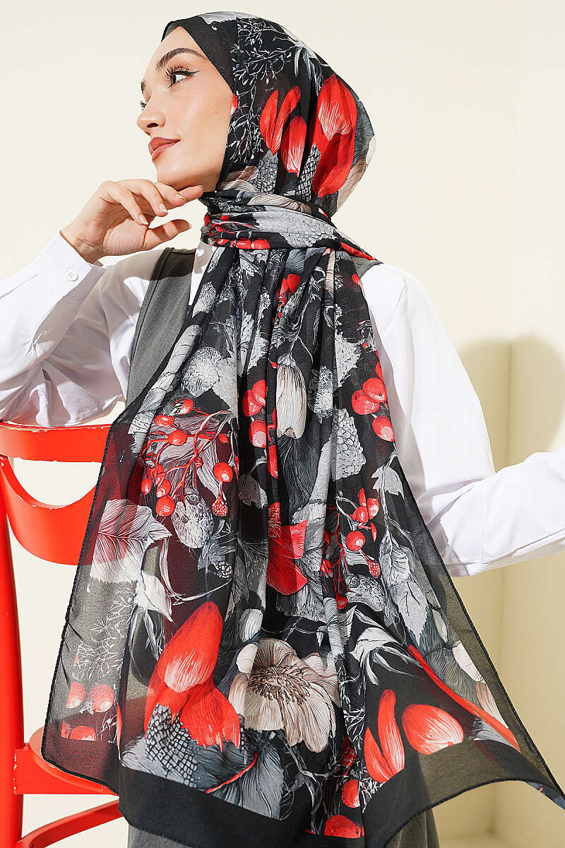 Patterned French Silk Shawl - Black
