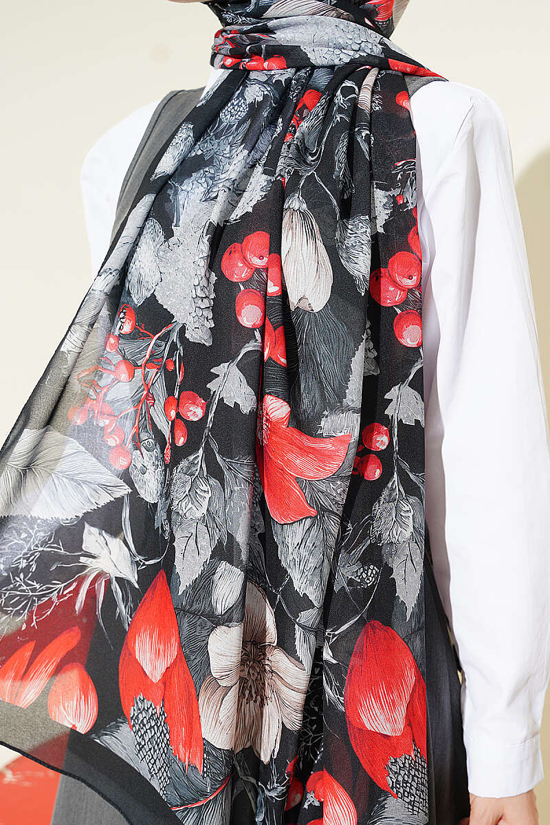 Patterned French Silk Shawl - Black