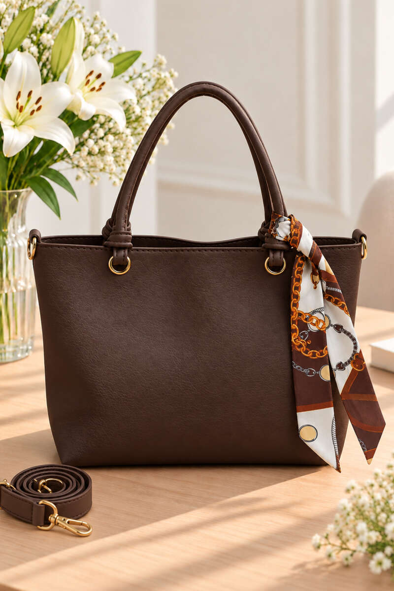 Printed Handbag with Scarf Detail - Dark Brown