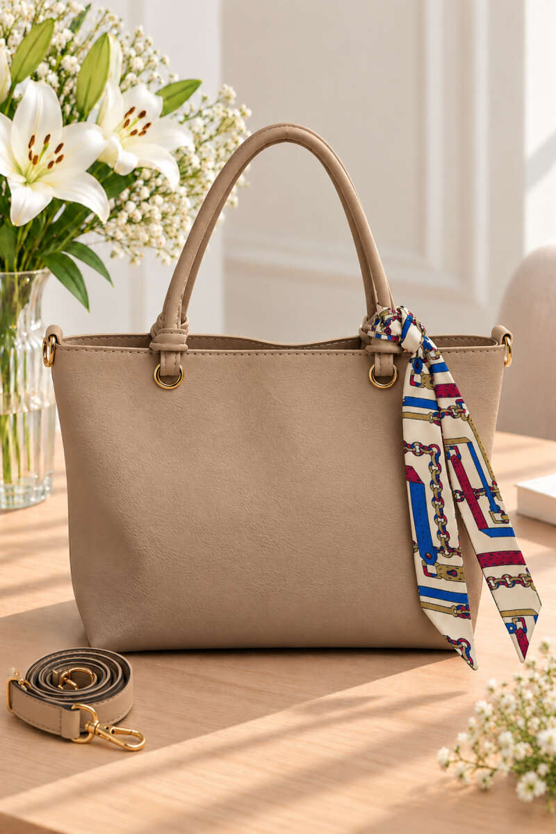 Printed Handbag with Scarf Detail - Beige