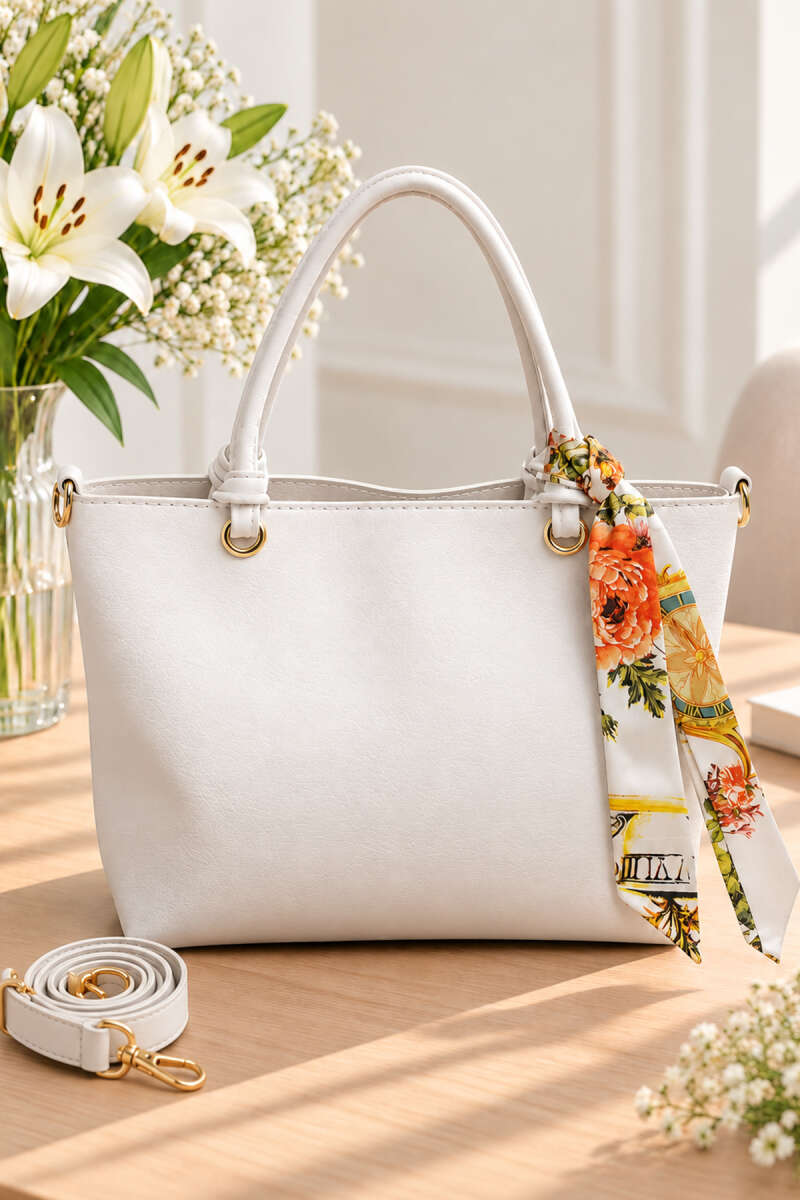 Printed Handbag with Scarf Detail - White