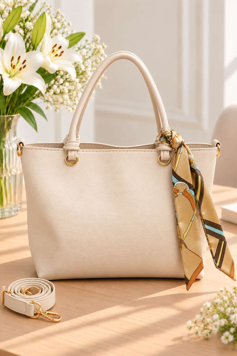Printed Handbag with Scarf Detail - Bone
