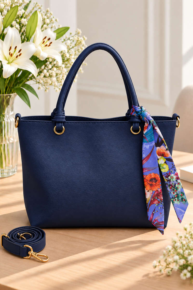 Printed Handbag with Scarf Detail - Navy