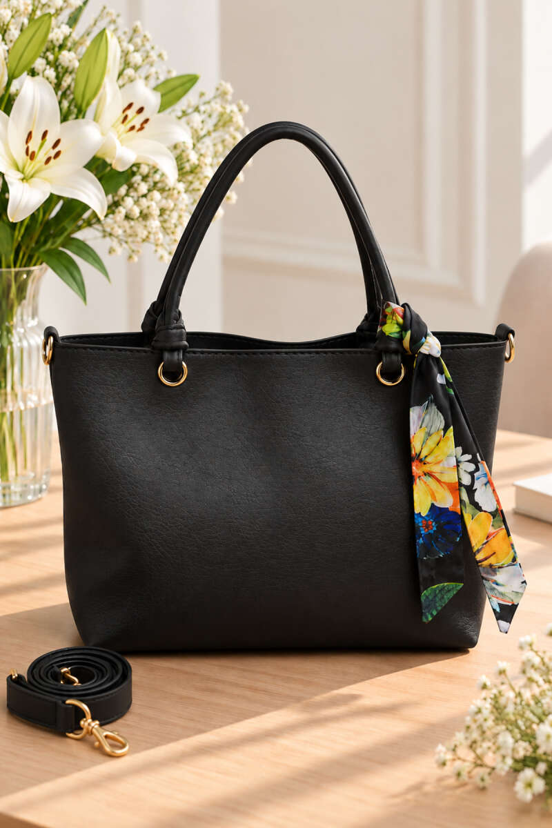 Printed Handbag with Scarf Detail - Black