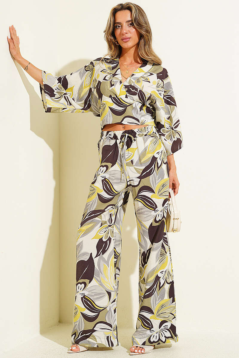 Printed Two-Piece Set with Guipure Detail - Stone