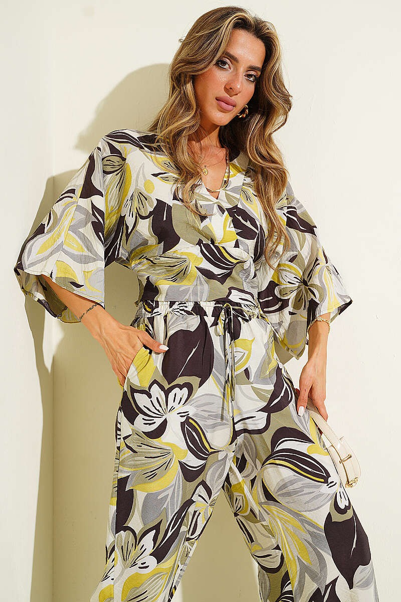 Printed Two-Piece Set with Guipure Detail - Stone