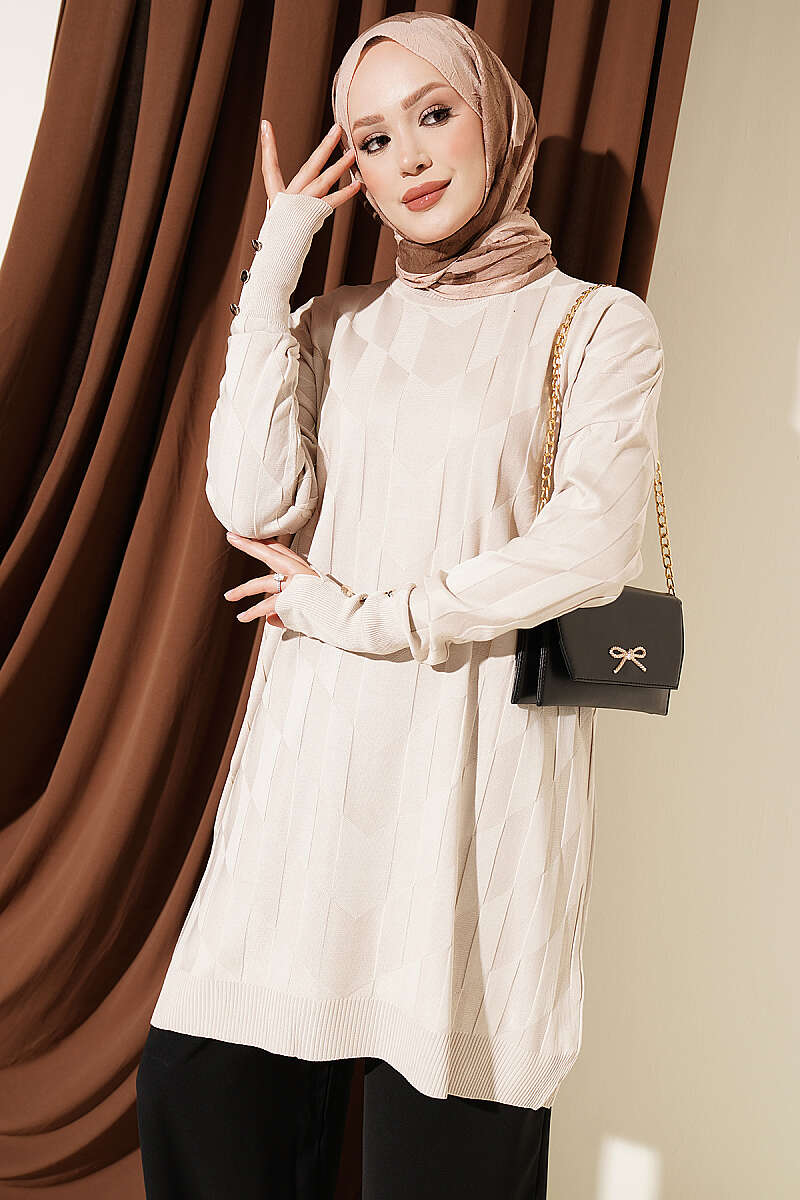 Patterned Mercerised Tunic with Gold Buttons - Beige