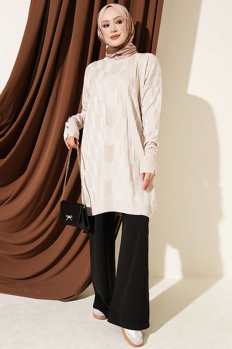 Patterned Mercerised Tunic with Gold Buttons - Beige