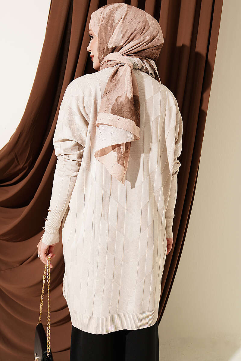 Patterned Mercerised Tunic with Gold Buttons - Beige