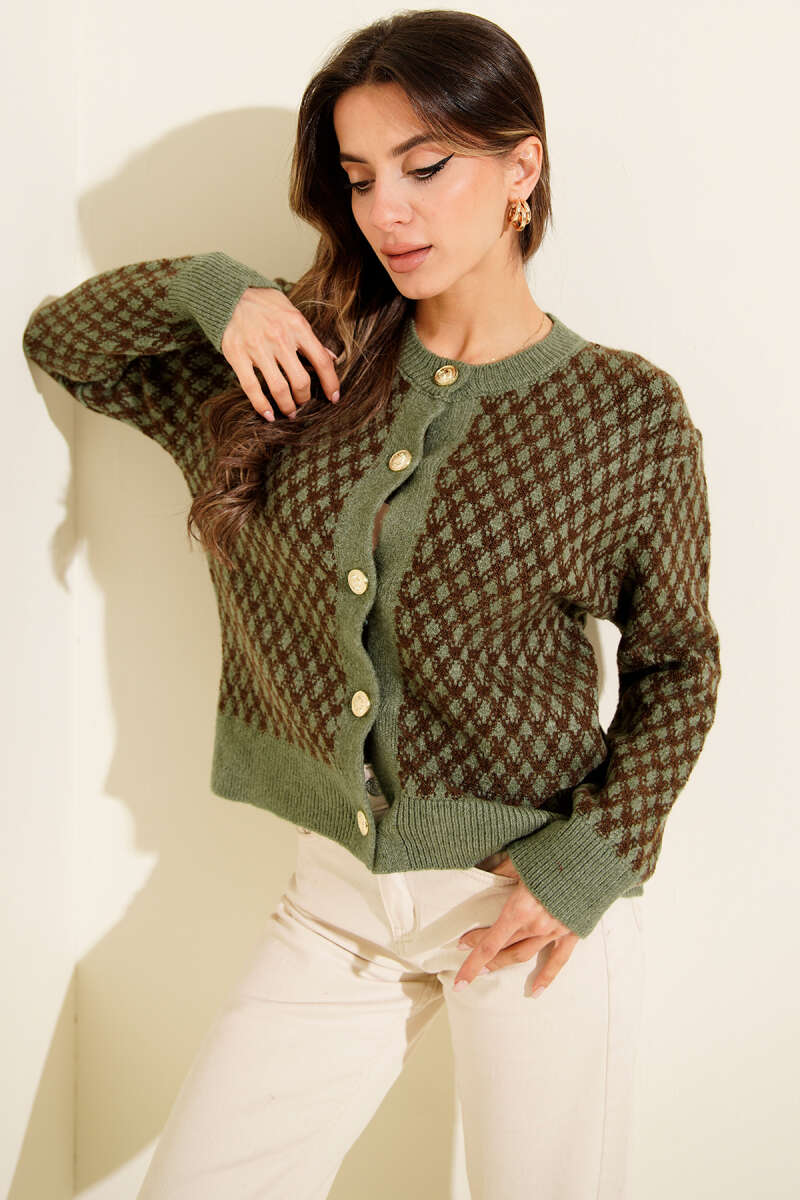 Patterned Knit Cardigan with Gold Buttons - Almond Green