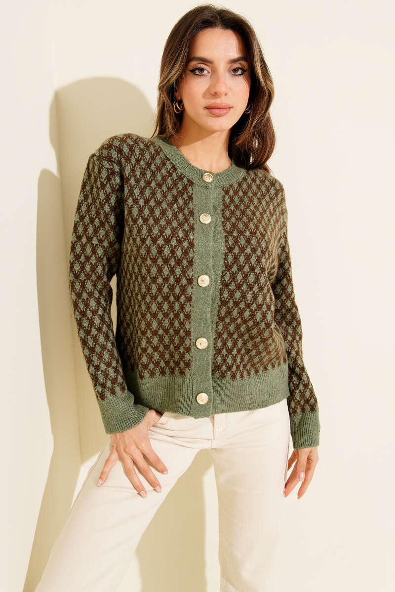 Patterned Knit Cardigan with Gold Buttons - Almond Green