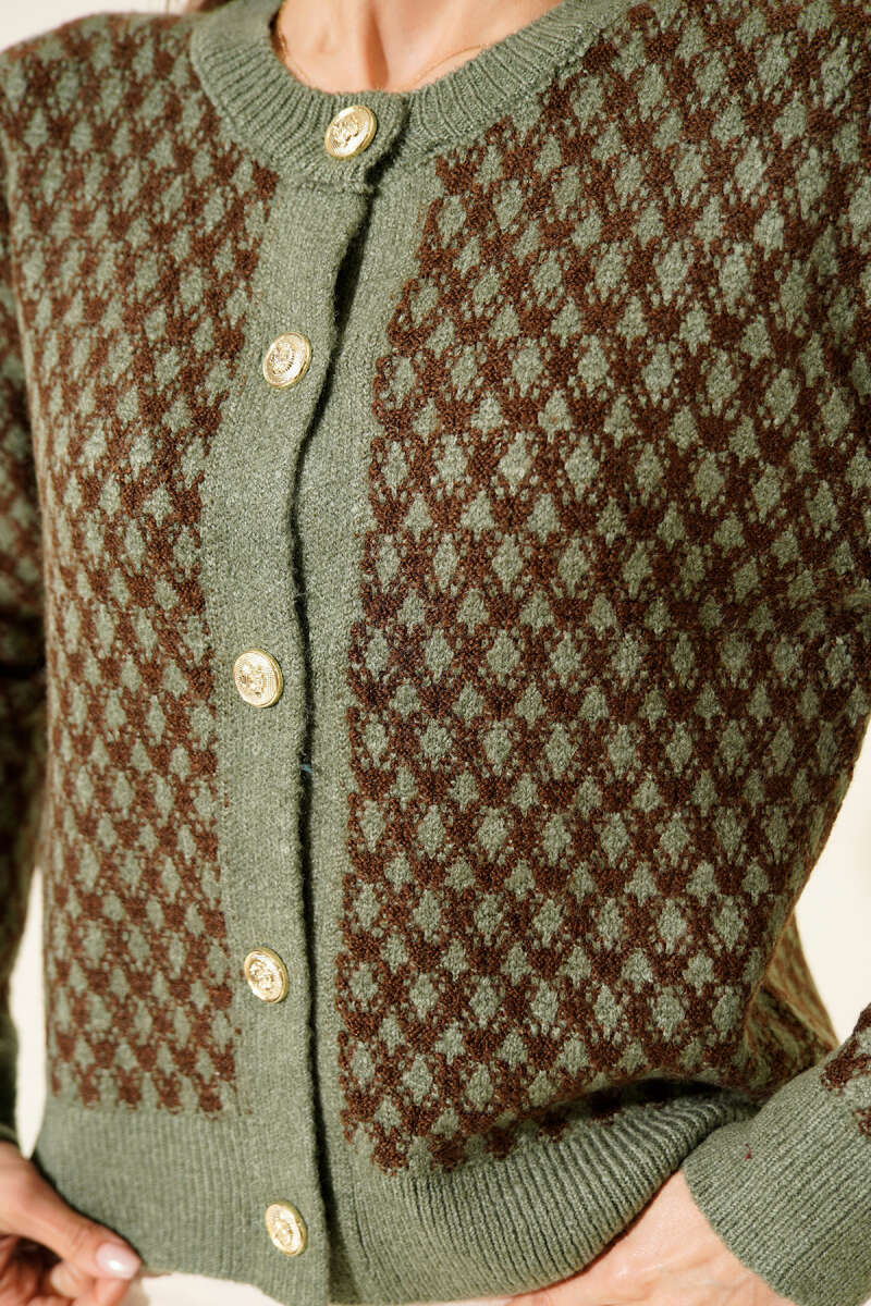 Patterned Knit Cardigan with Gold Buttons - Almond Green