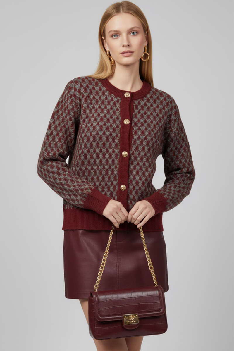 Patterned Knit Cardigan with Gold Buttons - Red