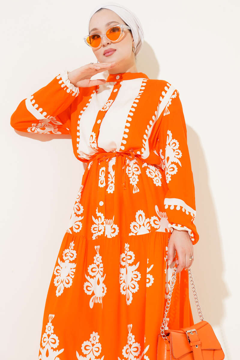 Printed Viscose Button Dress with Tie Belt - Orange