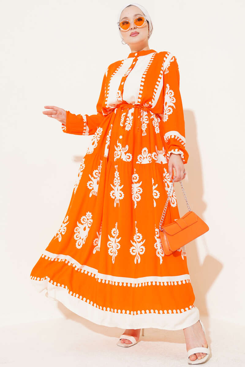 Printed Viscose Button Dress with Tie Belt - Orange
