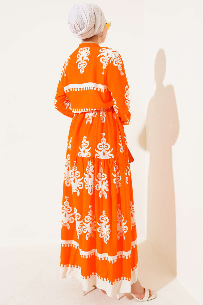 Printed Viscose Button Dress with Tie Belt - Orange