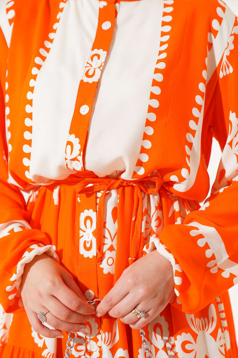 Printed Viscose Button Dress with Tie Belt - Orange