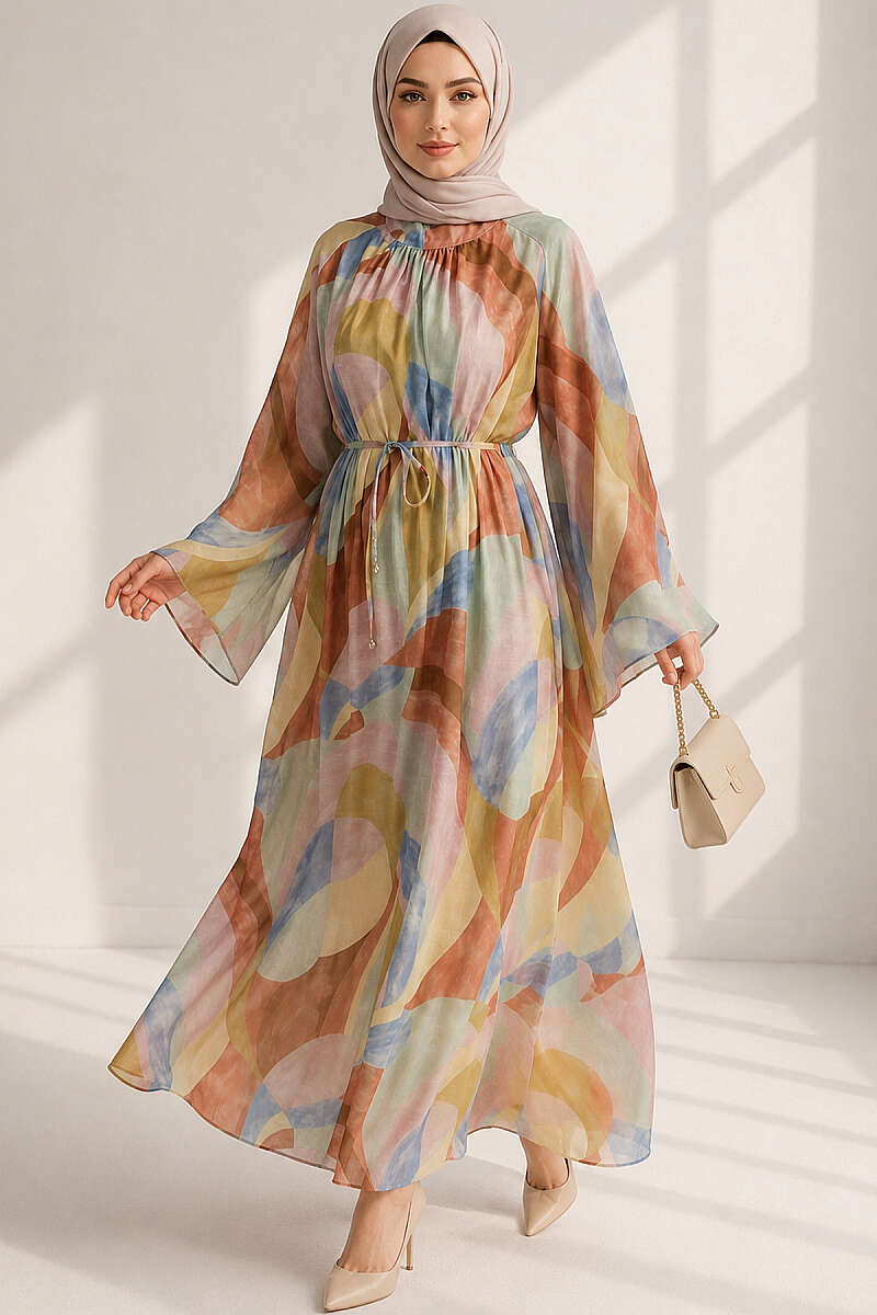 Patterned Dress with Cord Belt - Multicolour 1