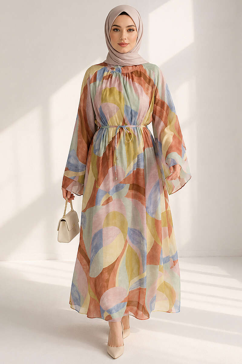 Patterned Dress with Cord Belt - Multicolour 1