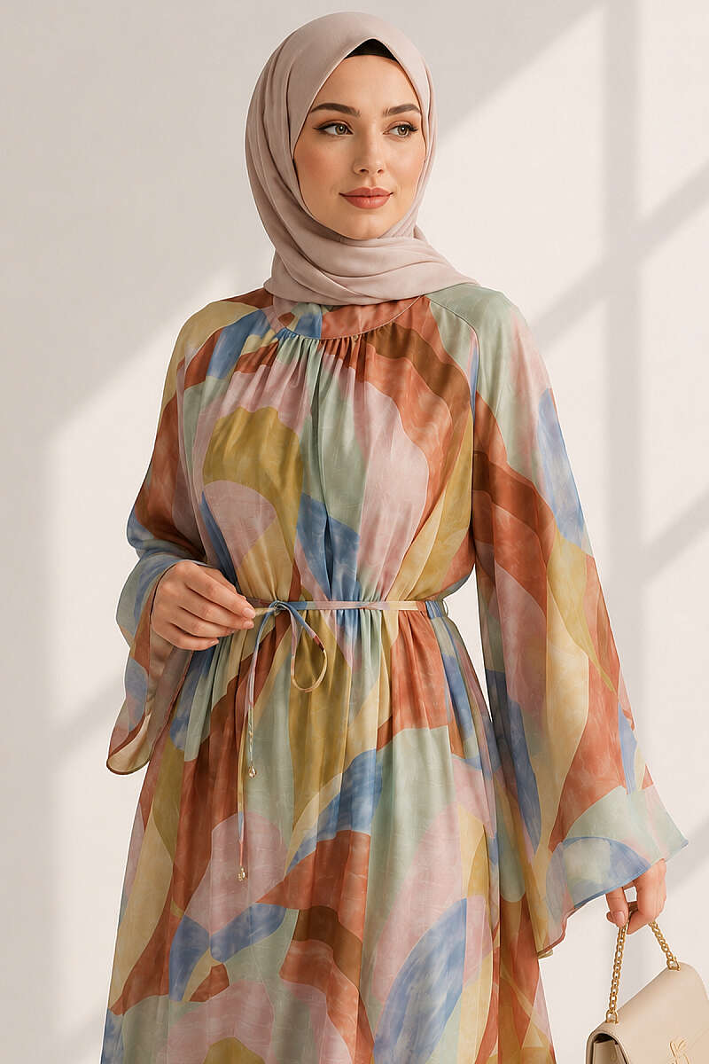 Patterned Dress with Cord Belt - Multicolour 1