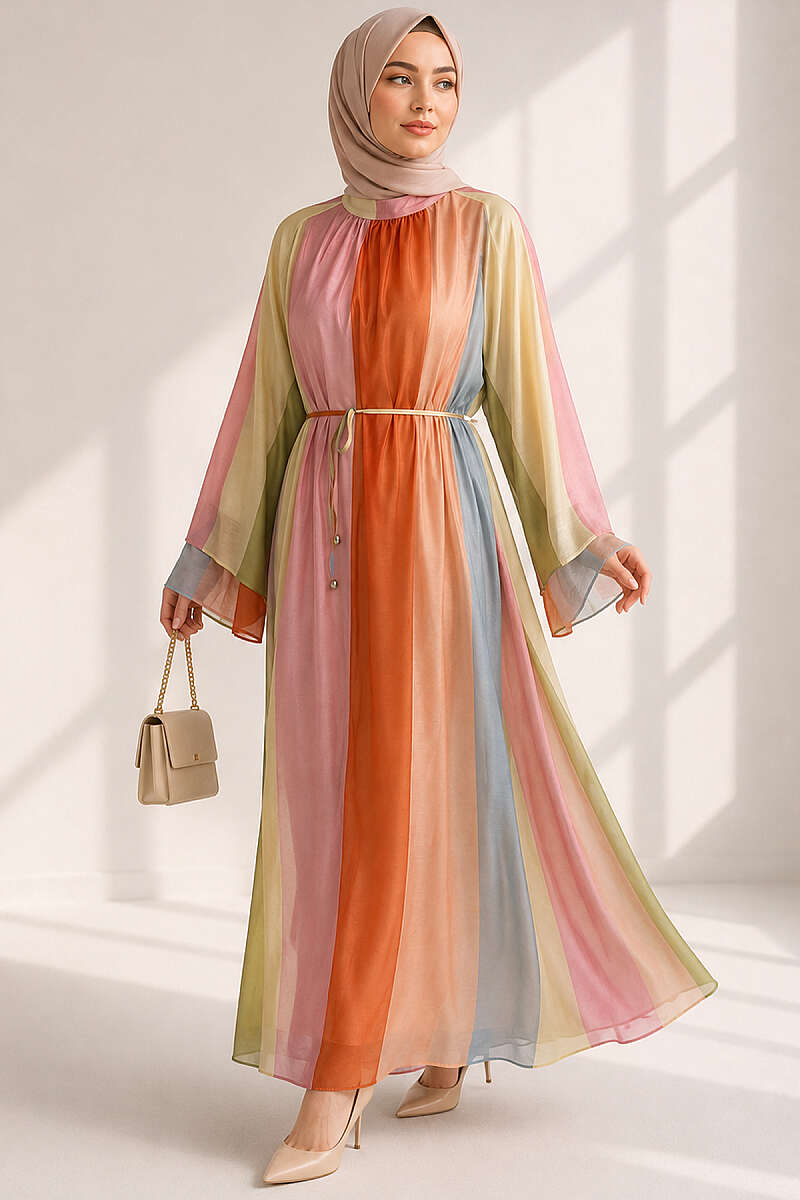 Patterned Dress with Cord Belt - Multicolour 3