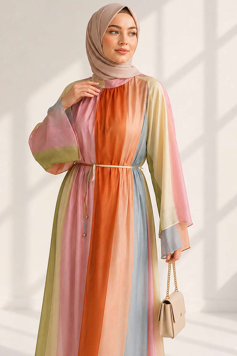 Patterned Dress with Cord Belt - Multicolour 3