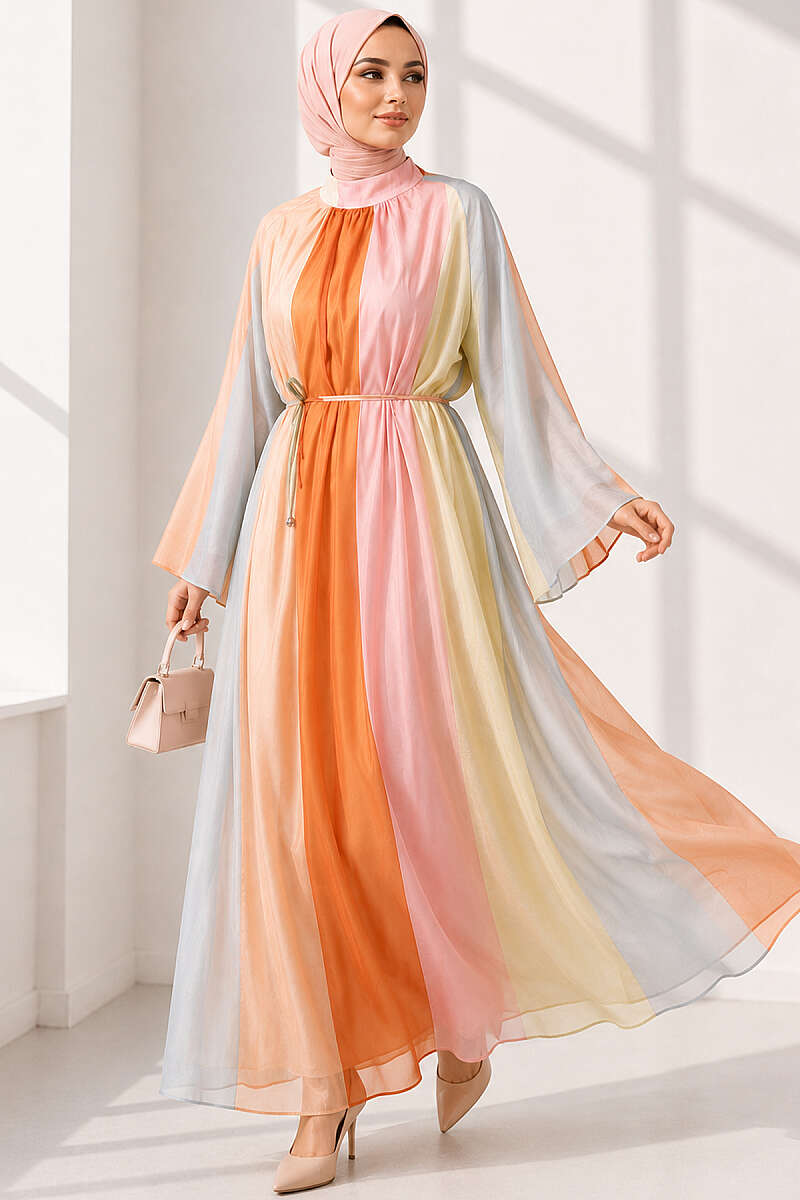 Patterned Dress with Cord Belt - Multicolour 4