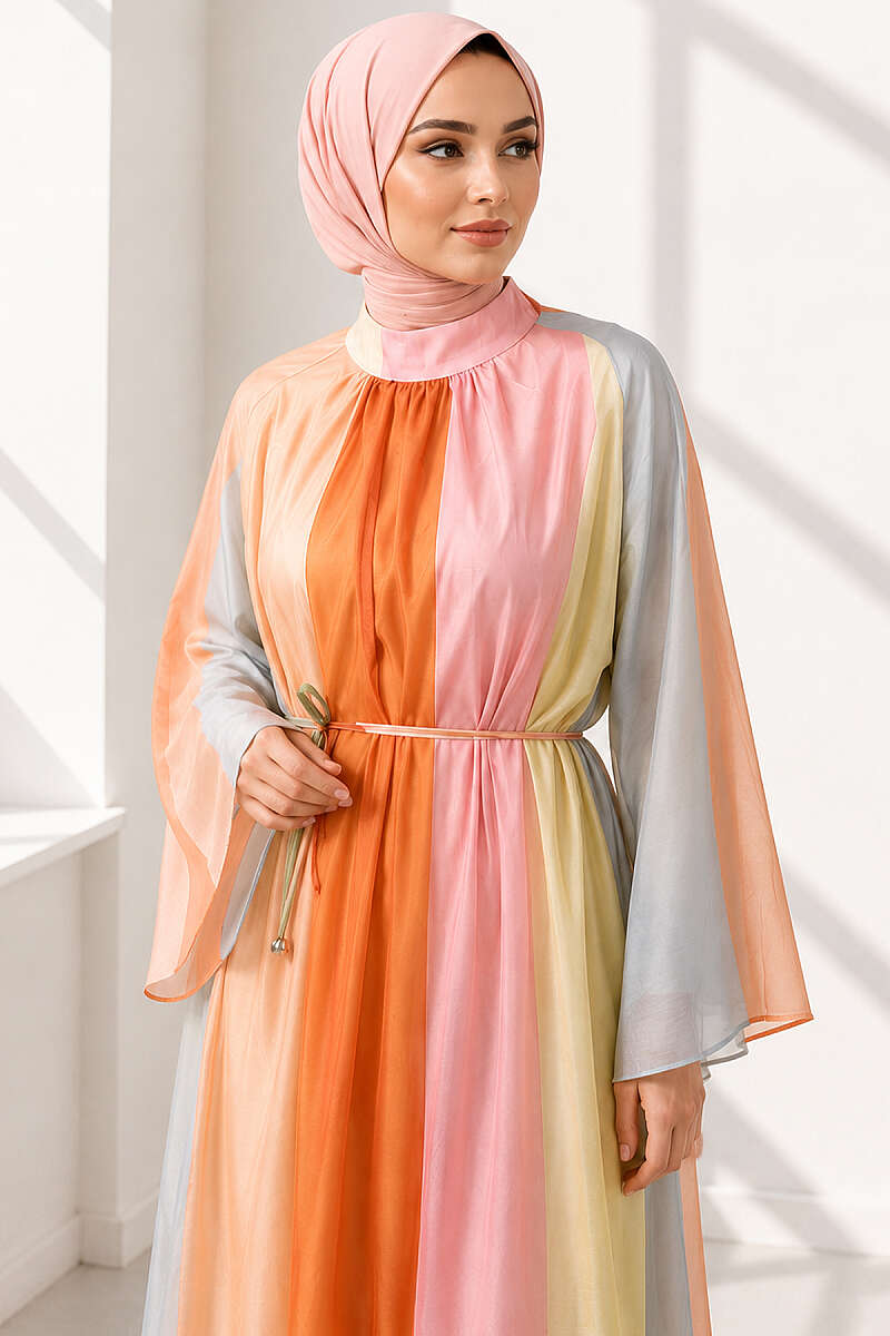 Patterned Dress with Cord Belt - Multicolour 4