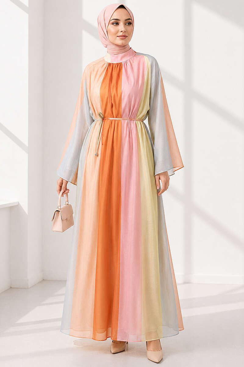 Patterned Dress with Cord Belt - Multicolour 4