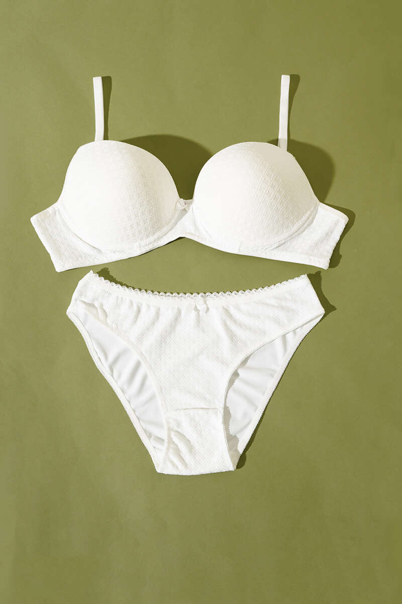 Patterned Jacquard Unpadded Bra Set - Ecru
