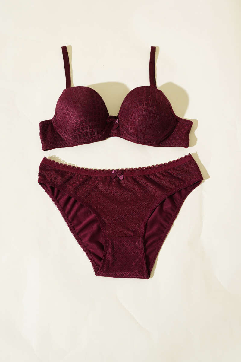 Patterned Jacquard Unpadded Bra Set - Plum