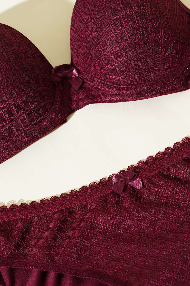Patterned Jacquard Unpadded Bra Set - Plum