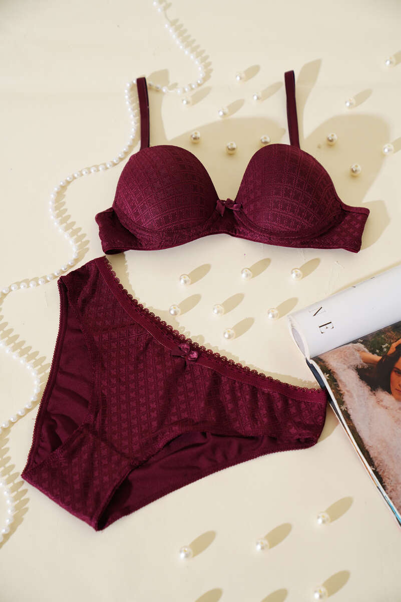 Patterned Jacquard Unpadded Bra Set - Plum